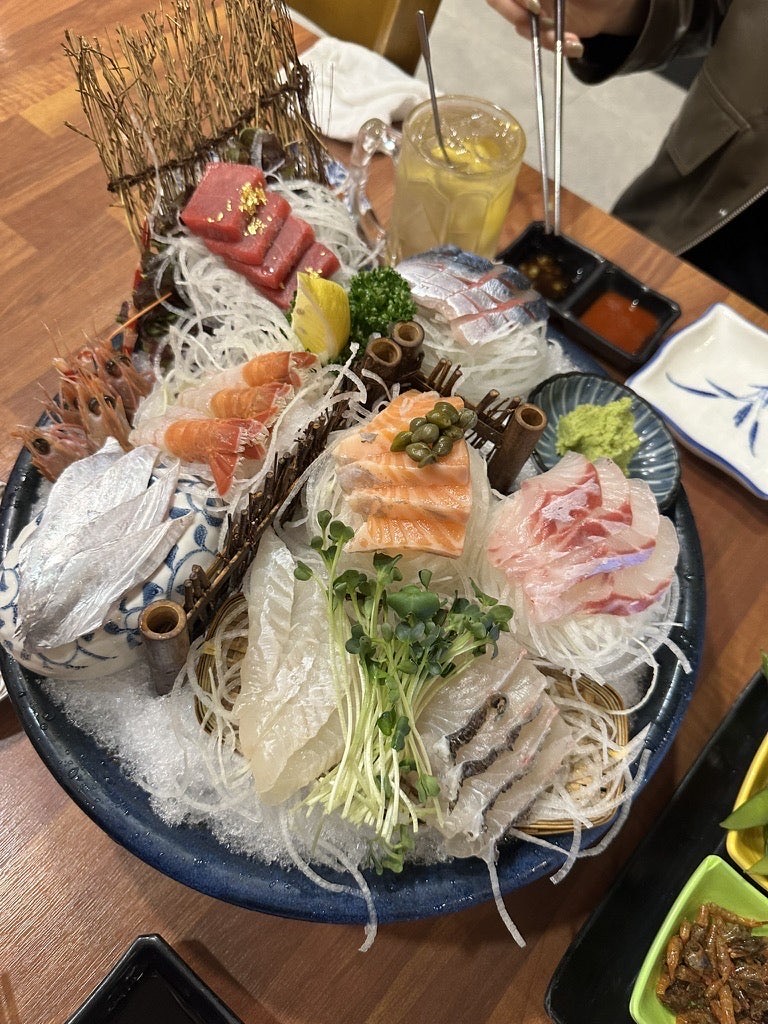 Assorted sashimi platter at Namttori in Aewol, Jeju, with tuna, salmon and other fish on ice